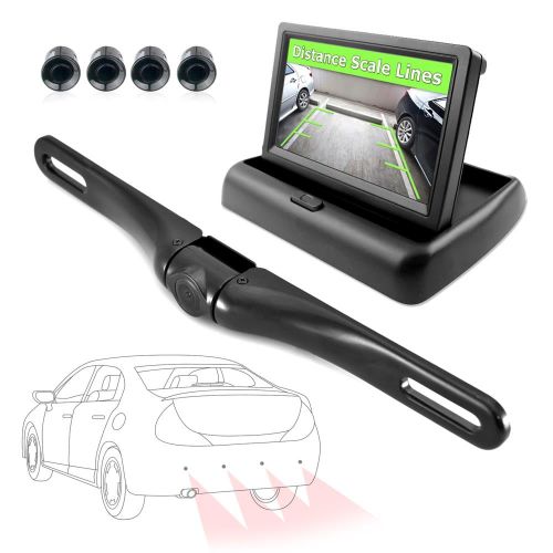  Pyle PYLE PLCMPS48 - Backup Rear View Car Camera Monitor Screen & Alarm Parking Sensors System Reverse Safety Distance Scale Lines, Waterproof Night Vision Angle, 4.3 LCD Video Display