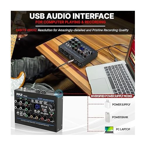  Pyle Professional USB Audio Interface with MIC/LINE, Guitar, AUX Stereo and RCA Inputs, Phone/Stereo/Monitor Outputs, Ideal for Computer Playing & Recording, Preset 24 Digital Effects - PMUX9