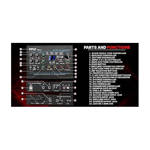  Pyle Professional USB Audio Interface with MIC/LINE, Guitar, AUX Stereo and RCA Inputs, Phone/Stereo/Monitor Outputs, Ideal for Computer Playing & Recording, Preset 24 Digital Effects - PMUX9