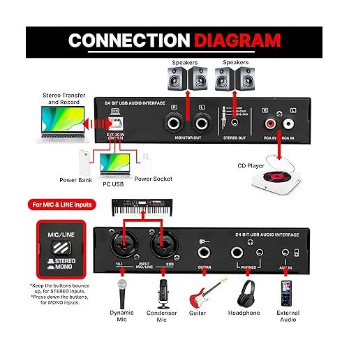  Pyle Professional USB Audio Interface with MIC/LINE, Guitar, AUX Stereo and RCA Inputs, Phone/Stereo/Monitor Outputs, Ideal for Computer Playing & Recording, Preset 24 Digital Effects - PMUX9