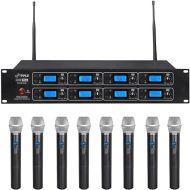 Pyle Professional 8 Channel UHF Wireless Microphone System 8 Handheld Mics Rack Mount Receiver Base RF & AF Radio/Audio Frequency Digital Display Independent Channel Volume Control (PDWM8250),Black