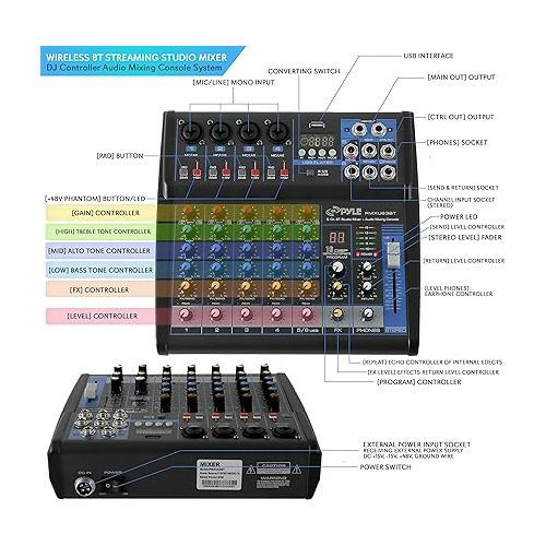 Pyle Professional Audio Mixer Sound Board Console - Desk System Interface with 6 Channel, USB, Bluetooth, Digital MP3 Computer Input, 48V Phantom Power, FX16 Bit DSP- PMXU63BT , Black