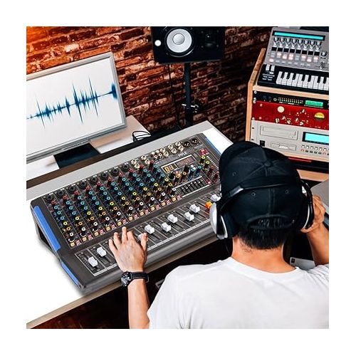  Pyle 12-Channel Bluetooth Studio Audio Mixer - DJ Sound Controller Interface w/ USB Drive for PC Recording Input, RCA, XLR Microphone Jack, 48V Power, For Professional and Beginners- PMXU128BT,Black