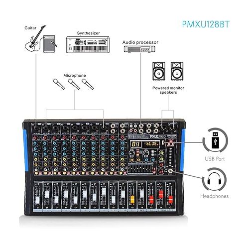 Pyle 12-Channel Bluetooth Studio Audio Mixer - DJ Sound Controller Interface w/ USB Drive for PC Recording Input, RCA, XLR Microphone Jack, 48V Power, For Professional and Beginners- PMXU128BT,Black
