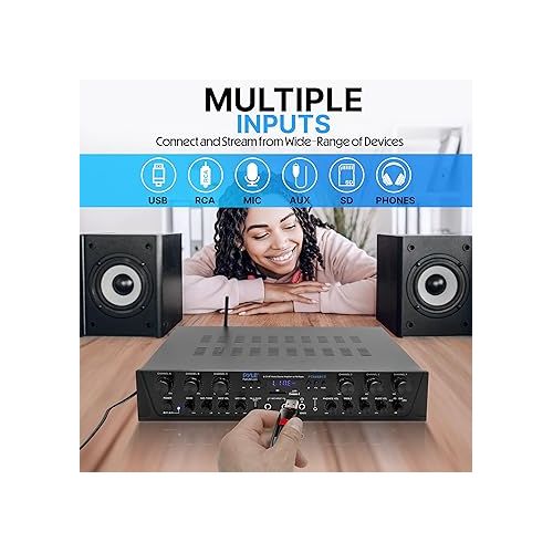  Pyle Wireless Home Audio Amplifier System-Bluetooth Compatible Sound Stereo Receiver Amp - 6 Channel 600Watt Power, Digital LCD, Headphone Jack, 1/4'' Microphone in USB SD AUX RCA FM Radio-PTA66BT.5