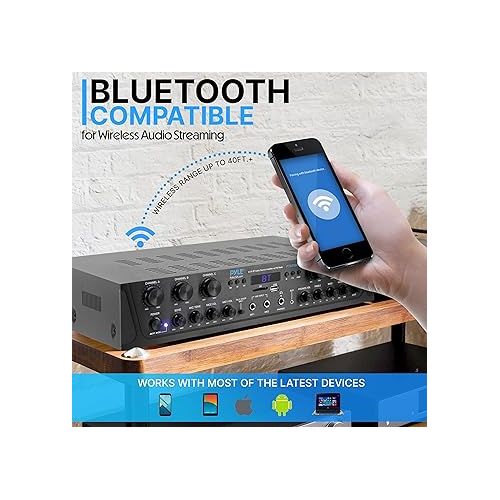  Pyle Wireless Home Audio Amplifier System-Bluetooth Compatible Sound Stereo Receiver Amp - 6 Channel 600Watt Power, Digital LCD, Headphone Jack, 1/4'' Microphone in USB SD AUX RCA FM Radio-PTA66BT.5