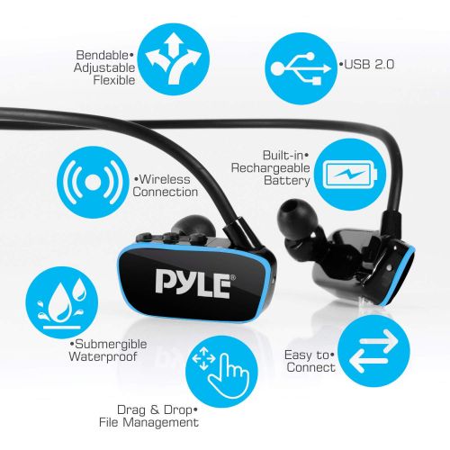  Pyle Waterproof MP3 Player Swim Headphone - Submersible IPX8 Flexible Wrap-Around Style Headphones Built-in Rechargeable Battery USB Connection w/ 4GB Flash Memory & Replacement Earbuds