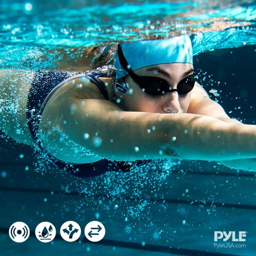  Pyle Waterproof MP3 Player Swim Headphone - Submersible IPX8 Flexible Wrap-Around Style Headphones Built-in Rechargeable Battery USB Connection w/ 4GB Flash Memory & Replacement Earbuds