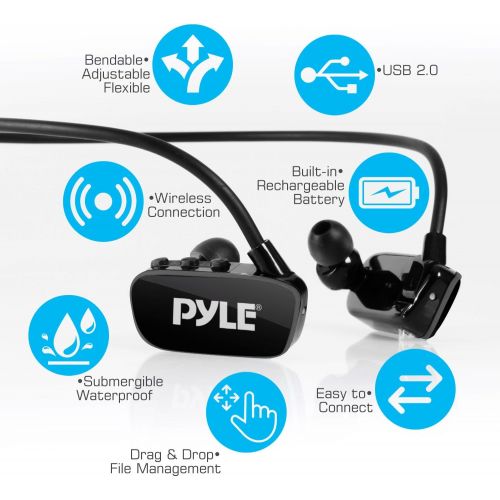  Pyle MP3 Player Bluetooth Headphone - Waterproof Swim IPX8 Flexible Wrap-Around Style Headphones Built-in Rechargeable Battery Bluetooth w/ 8GB Flash Memory & Replacement Earbuds -