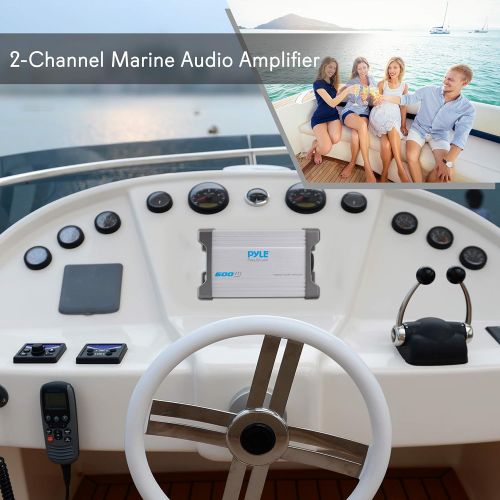  Pyle 2-Channel Marine Amplifier Receiver - Waterproof and Weatherproof Audio Subwoofer for Boat Stereo Speaker & Other Watercraft - 600 Watt Power, Wired RCA, AUX and MP3 Audio Inp