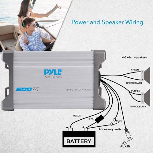  Pyle 2-Channel Marine Amplifier Receiver - Waterproof and Weatherproof Audio Subwoofer for Boat Stereo Speaker & Other Watercraft - 600 Watt Power, Wired RCA, AUX and MP3 Audio Inp