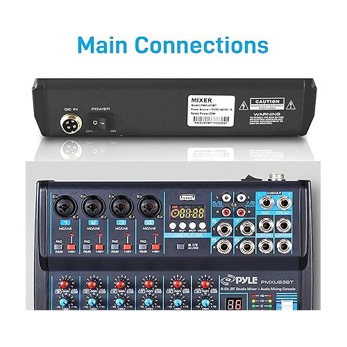  Pyle Professional Audio Mixer Sound Board Console Desk System Interface 8 Channel Digital USB Bluetooth MP3 Computer Input 48V Phantom Power Stereo DJ Studio FX 16Bit DSP Processor PMXU83BT, Black