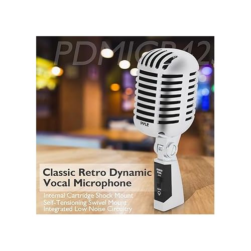  Pyle Classic Retro Dynamic Vocal Microphone - Old Vintage Style Unidirectional Cardioid Mic with XLR Cable - Universal Stand Compatible - Live Performance In Studio Recording - PDMICR42SL (Silver)
