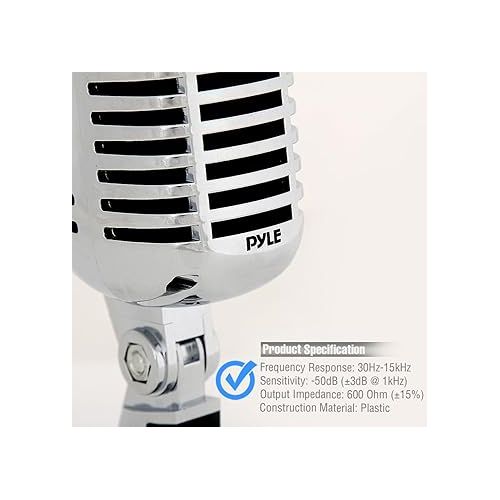  Pyle Classic Retro Dynamic Vocal Microphone - Old Vintage Style Unidirectional Cardioid Mic with XLR Cable - Universal Stand Compatible - Live Performance In Studio Recording - PDMICR42SL (Silver)