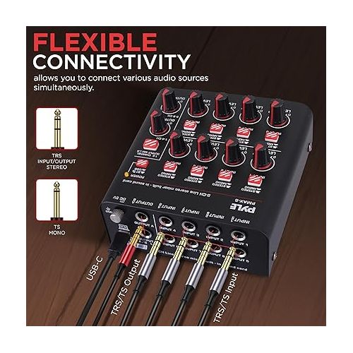  8-Channel Wireless BT Streaming Mini Line Mixer with USB Audio Interface - 8 Mono/Stereo Switching Inputs | Ultra-low Noise Design with High Headroom | Built-in USB Sound Card