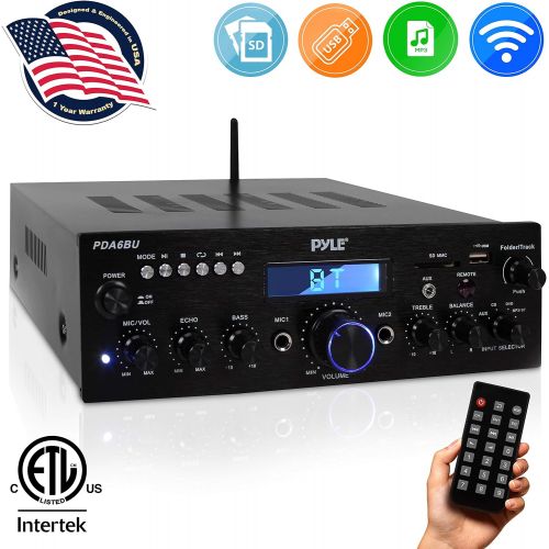  [아마존베스트]Pyle Wireless Bluetooth Power Amplifier System - 200W Dual Channel Sound Audio Stereo Receiver w/ USB, SD, AUX, MIC IN w/ Echo, Radio, LCD - For Home Theater Entertainment via RCA, Stud