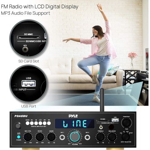  [아마존베스트]Pyle Wireless Bluetooth Power Amplifier System - 200W Dual Channel Sound Audio Stereo Receiver w/ USB, SD, AUX, MIC IN w/ Echo, Radio, LCD - For Home Theater Entertainment via RCA, Stud