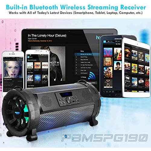  [아마존베스트]Pyle Bluetooth Boombox Street Blaster Stereo Speaker - Portable Wireless 300 Watt Power FM Radio / MP3 System w/ Remote, LED Lights & Rechargeable battery - PBMSPG190