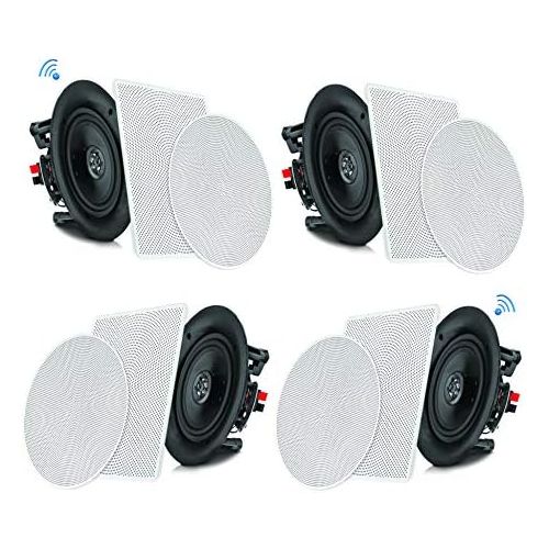  [아마존베스트]Pyle 6.5” 4 Bluetooth Flush Mount In-wall In-ceiling 2-Way Speaker System Quick Connections Changeable Round/Square Grill Polypropylene Cone & Tweeter Stereo Sound 4 Ch Amplifier 2