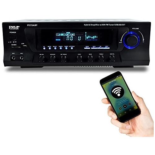  Pyle Wireless Bluetooth Audio Power Amplifier - 300W 4 Channel Home Theater Sound Compact Stereo Receiver w/ USB, AM FM, 2 Mic IN w/ Echo, RCA, LED, Speaker Selector - For Studio, Home