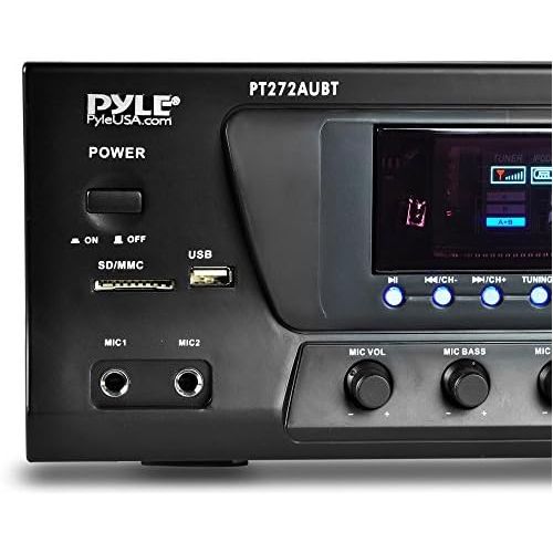  Pyle Wireless Bluetooth Audio Power Amplifier - 300W 4 Channel Home Theater Sound Compact Stereo Receiver w/ USB, AM FM, 2 Mic IN w/ Echo, RCA, LED, Speaker Selector - For Studio, Home