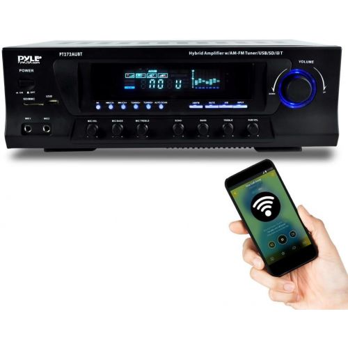  Pyle Wireless Bluetooth Audio Power Amplifier - 300W 4 Channel Home Theater Sound Compact Stereo Receiver w/ USB, AM FM, 2 Mic IN w/ Echo, RCA, LED, Speaker Selector - For Studio, Home