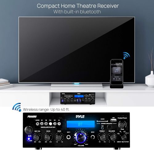  Pyle Wireless Bluetooth Power Amplifier System - 200W Dual Channel Sound Audio Stereo Receiver w/ USB, SD, AUX, MIC IN w/ Echo, Radio, LCD - For Home Theater Entertainment via RCA, Stud