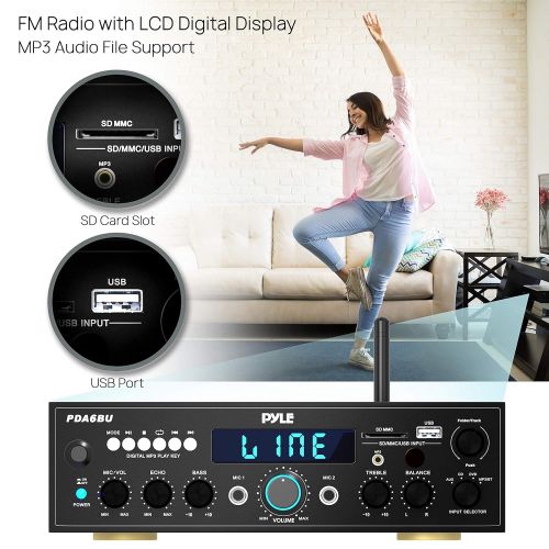  Pyle Wireless Bluetooth Power Amplifier System - 200W Dual Channel Sound Audio Stereo Receiver w/ USB, SD, AUX, MIC IN w/ Echo, Radio, LCD - For Home Theater Entertainment via RCA, Stud