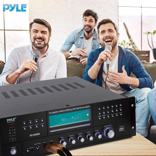  Pyle 4-Channel Wireless Bluetooth Power Amplifier - 1000W Stereo Speaker Home Audio Receiver w/FM Radio, USB, Headphone, 2 Microphone w/Echo, Front Loading CD DVD Player, LED, Rack Moun