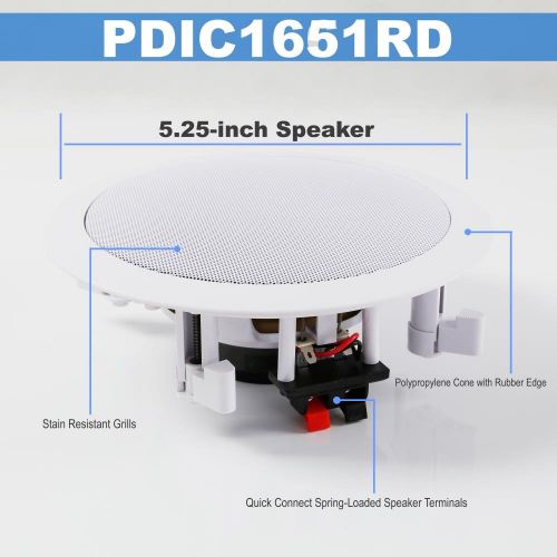  Pyle Pair 5.25” Flush Mount in-Wall in-Ceiling 2-Way Home Speaker System Spring Loaded Quick Connections Dual Polypropylene Cone Polymer Tweeter Stereo Sound 150 Watts (PDIC1651RD)