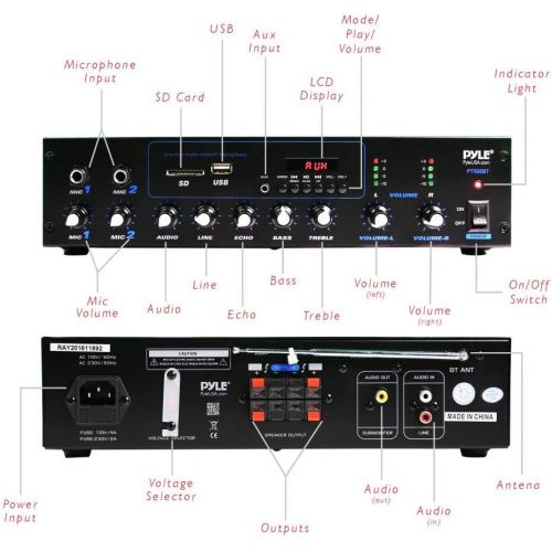  Pyle Professional Powered Amplifier & Bluetooth Receiver Stereo Audio System, FM Radio, (2) 1/4 Microphone Input Jacks, MP3/USB/SD/AUX Playback, LCD Display ID3 Tag Readout 600 Wat