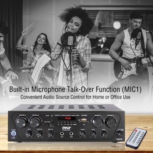  Pyle Wireless Karaoke Bluetooth Stereo Receiver - 4 Channel Power Amplifier w/ USB, Headphone, 2 Microphone Input w/ Echo, Talkover for PA Great for Home Speaker System - PTA42BT