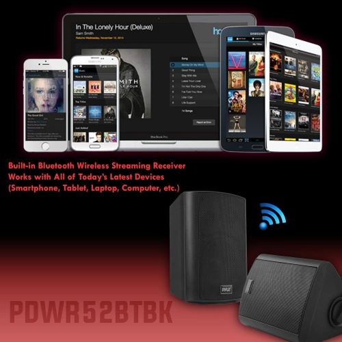  Wall Mount Home Speaker System - Active + Passive Pair Wireless Bluetooth Compatible Indoor / Outdoor Waterproof Weatherproof Stereo Sound Speaker Set with AUX IN - Pyle PDWR52BTBK