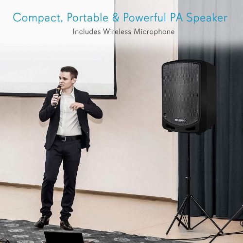  Pyle Portable Bluetooth PA Speaker System - Indoor Outdoor Karaoke Sound System w/Wireless Mic, Audio Recording, Rechargeable Battery, USB/SD Reader, Stand Mount, for Party, Crowd Contr