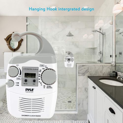  Pyle Hanging Waterproof Shower Clock Radio - Wireless Mini Portable Waterproof Battery Operated Shower Radio Speaker w/ Digital Clock, LCD Screen for Home, Beach, Hot Tub, Bathroom, Out