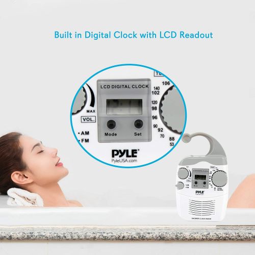  Pyle Hanging Waterproof Shower Clock Radio - Wireless Mini Portable Waterproof Battery Operated Shower Radio Speaker w/ Digital Clock, LCD Screen for Home, Beach, Hot Tub, Bathroom, Out