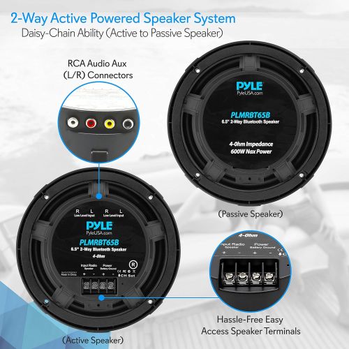  6.5 Inch Bluetooth Marine Speakers - 2-Way IP-X4 Waterproof and Weather Resistant Outdoor Audio Dual Stereo Sound System with 600 Watt Power and Low Profile Design - 1 Pair - Pyle