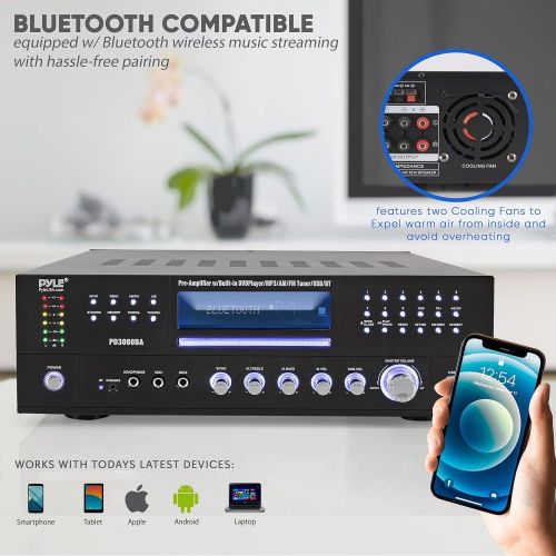  Pyle 4 Channel Wireless Bluetooth Amplifier - 3000 Watt Stereo Speaker Home Audio Receiver w/ FM Radio, USB, 2 Microphone w/ Echo for Karaoke, Front Loading CD DVD Player, LED, Rac