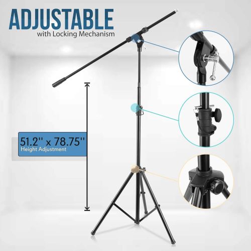  Pyle Heavy Duty Microphone Stand - Height Adjustable from 51.2 to 78.75 Inch High w/ Extendable Telescoping Boom Arm 29.5 and Stable Tripod Base - Clutch in T-Bar Adjustment Point