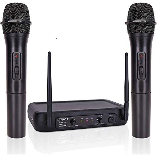  Pyle Channel Microphone System-VHF Fixed Dual Frequency Wireless Set with 2 Handheld Dynamic Transmitter Mics, Receiver Base-for PA, Karaoke, Dj Party (PDWM2135)