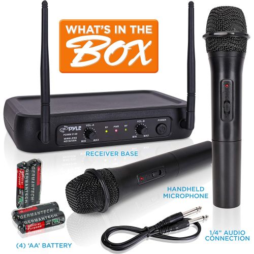  Pyle Channel Microphone System-VHF Fixed Dual Frequency Wireless Set with 2 Handheld Dynamic Transmitter Mics, Receiver Base-for PA, Karaoke, Dj Party (PDWM2135)