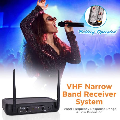  Pyle Channel Microphone System-VHF Fixed Dual Frequency Wireless Set with 2 Handheld Dynamic Transmitter Mics, Receiver Base-for PA, Karaoke, Dj Party (PDWM2135)