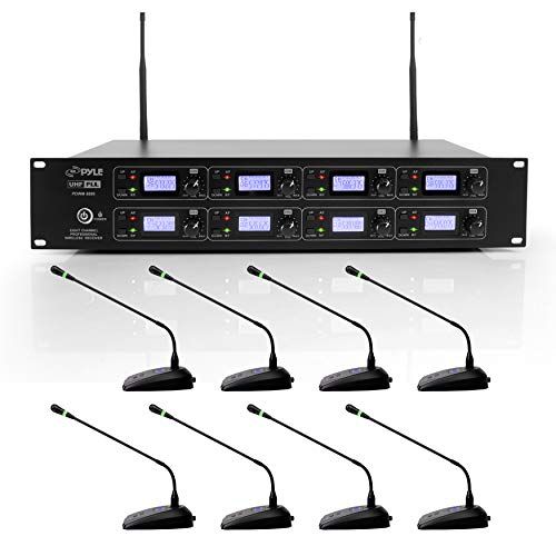  8 Channel Conference Microphone System - UHF Desktop, Table Meeting Wireless Microphones & Receiver w/ 8 Gooseneck Mics, Rack Mountable & LED Audio Signal Indicator Lights - Pyle P