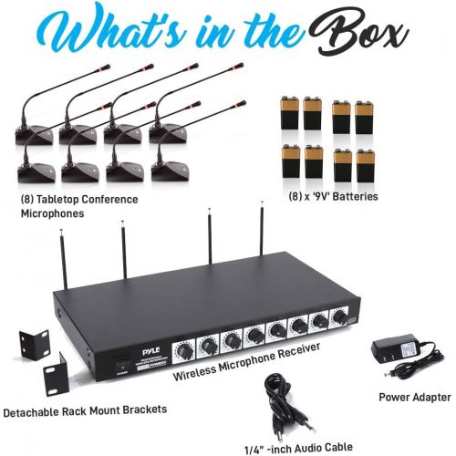  8 Channel Conference Microphone System - UHF Desktop, Table Meeting Wireless Microphones & Receiver w/ 8 Gooseneck Mics, Rack Mountable & LED Audio Signal Indicator Lights - Pyle P