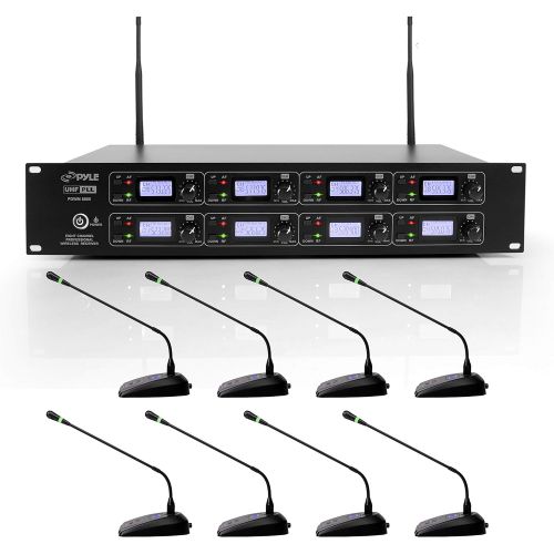  8 Channel Conference Microphone System - UHF Desktop, Table Meeting Wireless Microphones & Receiver w/ 8 Gooseneck Mics, Rack Mountable & LED Audio Signal Indicator Lights - Pyle P