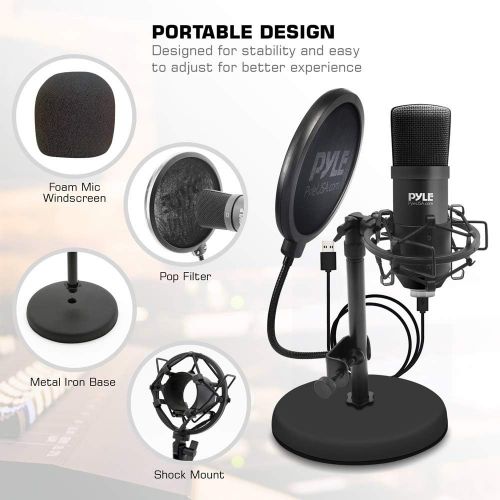  Pyle USB Microphone Podcast Recording Kit - Audio Cardioid Condenser Mic w/ Desktop Stand and Pop Filter - For Gaming PS4, Streaming, Podcasting, Studio, Youtube, Works w/ Windows Mac P