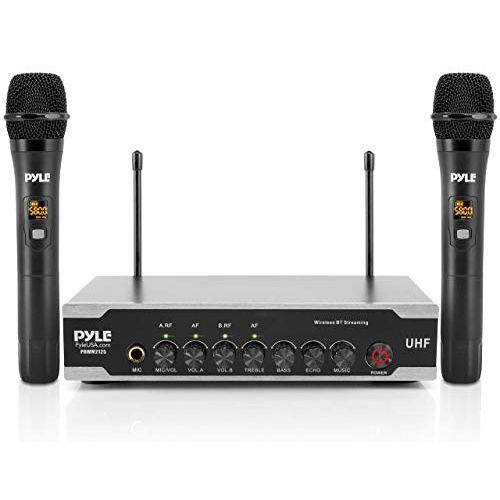  Pyle Portable Uhf Wireless Microphone System - Battery Operated Dual Bluetooth Cordless Microphone Set, Includes 2 Handheld Transmitter mic, Receiver Base, Aux, RCA, For PA Karaoke DJ P