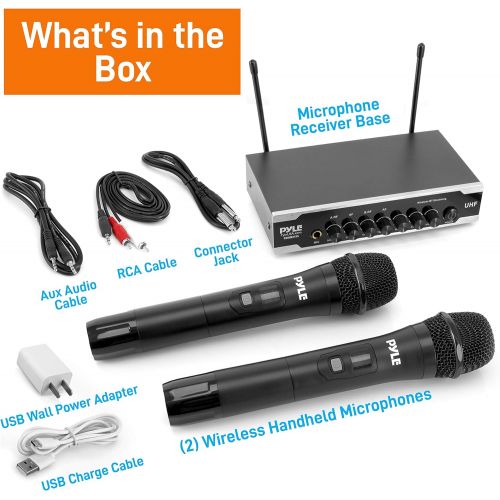  Pyle Portable Uhf Wireless Microphone System - Battery Operated Dual Bluetooth Cordless Microphone Set, Includes 2 Handheld Transmitter mic, Receiver Base, Aux, RCA, For PA Karaoke DJ P