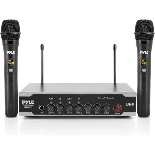  Pyle Portable Uhf Wireless Microphone System - Battery Operated Dual Bluetooth Cordless Microphone Set, Includes 2 Handheld Transmitter mic, Receiver Base, Aux, RCA, For PA Karaoke DJ P