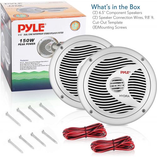  Pyle 6.5” Dual Marine Speakers - 2 Way Waterproof and Weather Resistant Outdoor Audio Stereo Sound System with 150 Watt Power, Polypropylene Cone and Cloth Surround - 1 Pair - PLMR